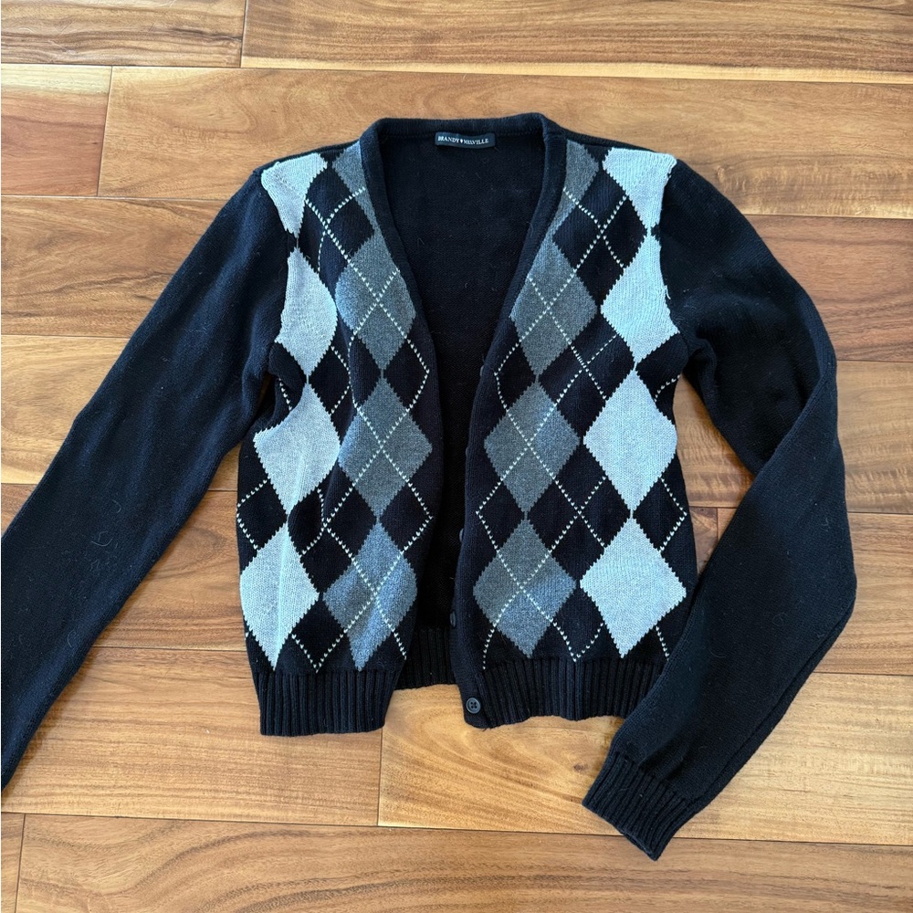 Brandy Melville Black and Gray Argyle Cardigan